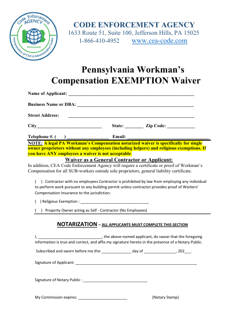First page of the Pennsylvania Workers’ Compensation Exemption Waiver