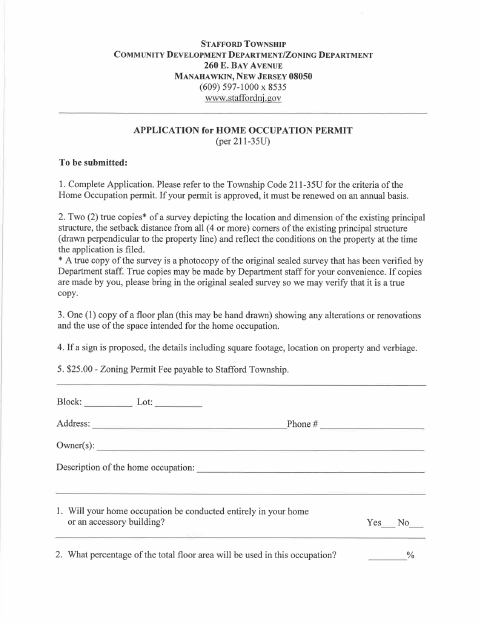 First page of the Home Occupation Permit Application