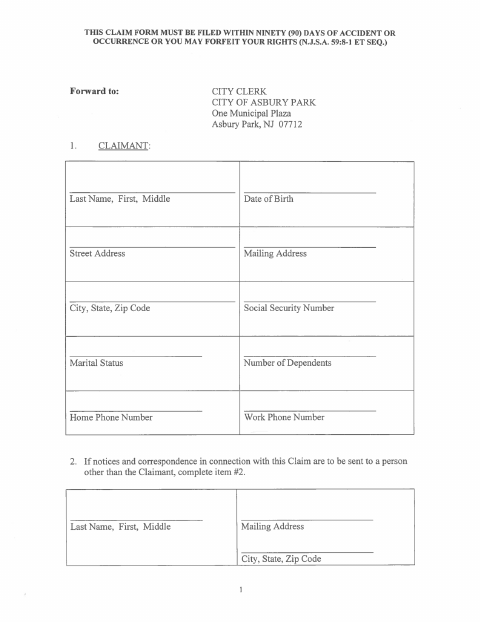 First page of the Tort Claim Form