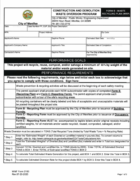 First page of the Form B – Waste Recycling Plan