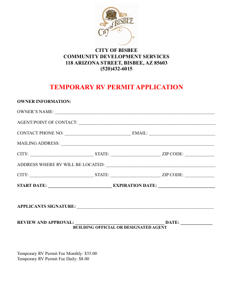 First page of the Temporary RV Permit Application