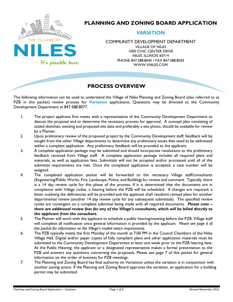 First page of the Planning and Zoning Board Application – Variation
