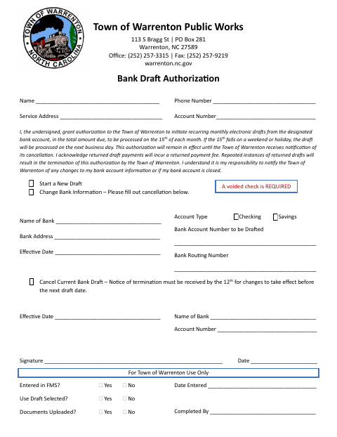 First page of the Bank Draft Authorization