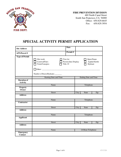 First page of the Special Activity Permit Application