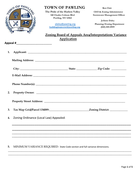 First page of the Area/Interpretations Variance Application