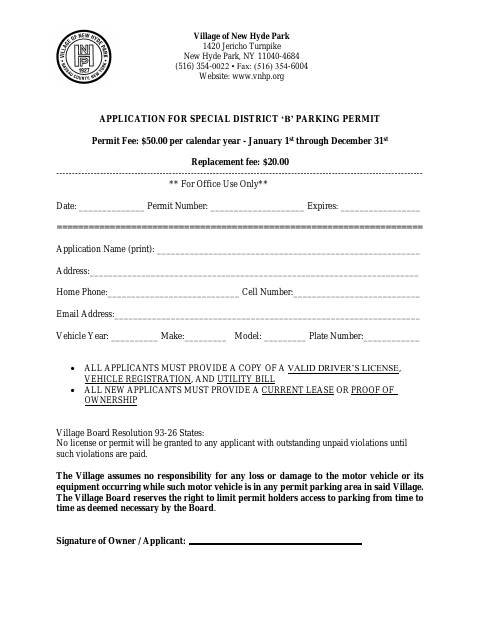 First page of the Special District B Parking Permit Application