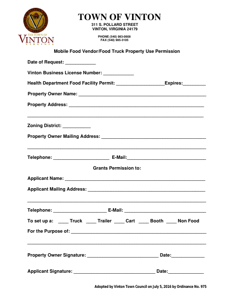 First page of the Mobile Food Vendor/Food Truck Property Use Permission