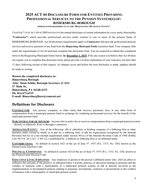 First page of the 2025 Act 44 Pension Services Disclosure Form