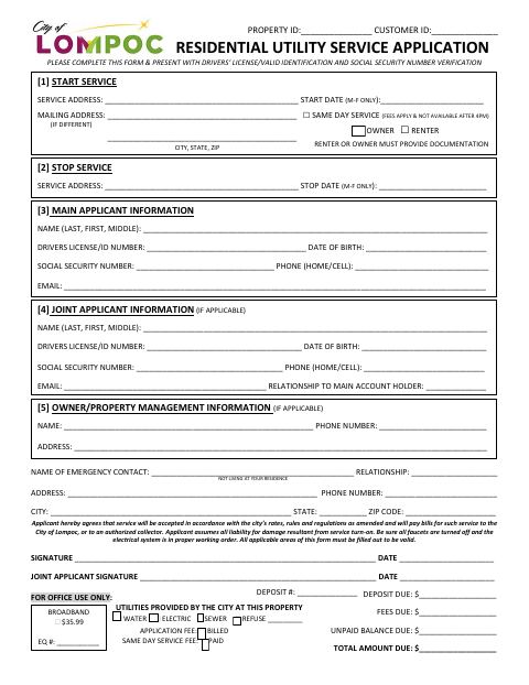 First page of the Residential Utility Service Application
