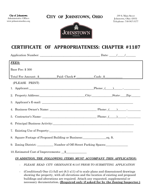 First page of the Certificate of Appropriateness Application