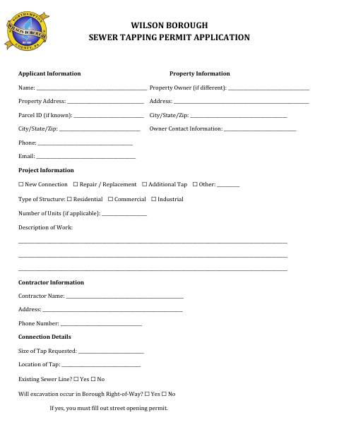 First page of the Sewer Tapping Permit Application