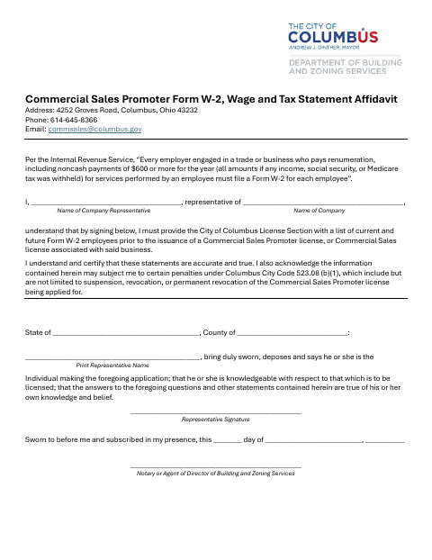 First page of the Commercial Sales Promoter Tax Statement Affidavit