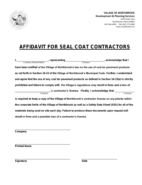 First page of the Affidavit for Seal Coat Contractors