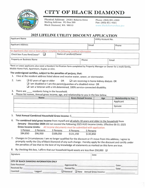 First page of the Lifeline Utility Discount Application