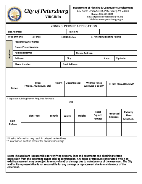 First page of the Zoning Permit Application (Fences and Sign Reface)