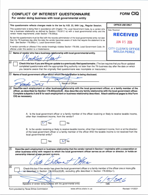 First page of the Vendor Conflict of Interest Questionnaire Form CIQ