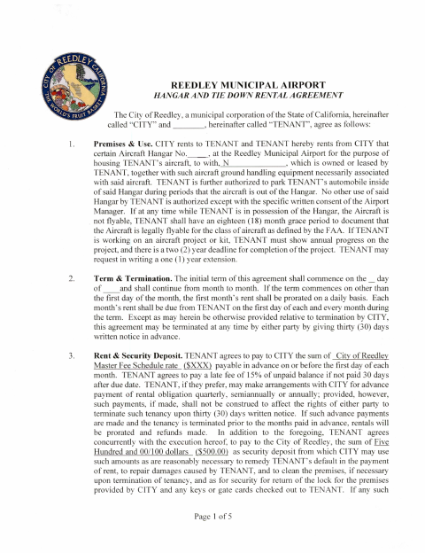 First page of the Municipal Airport Hangar and Tie Down Rental Agreement