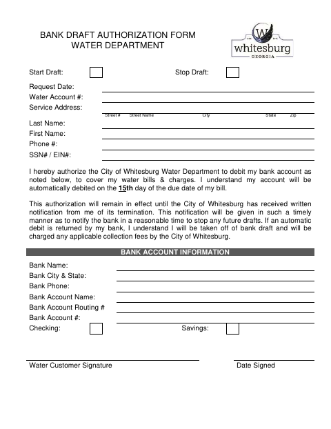 First page of the Bank Draft Authorization Form Water Department