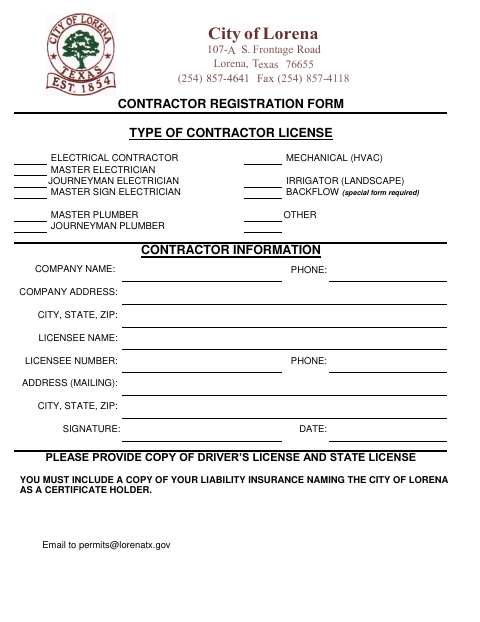First page of the Contractor Registration Form