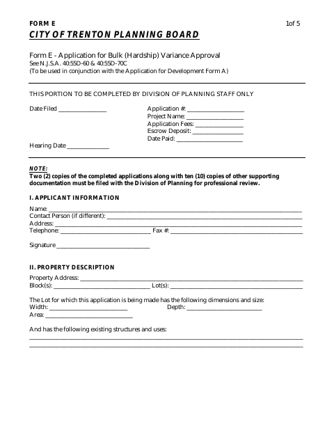 First page of the Application for Bulk (Hardship) Variance Approval