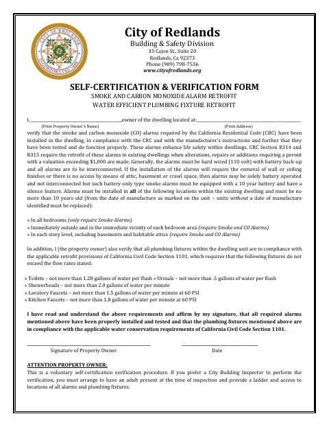 First page of the Smoke and Carbon Monoxide Alarm and Water-Efficient Plumbing Fixture Retrofit Self-Certification