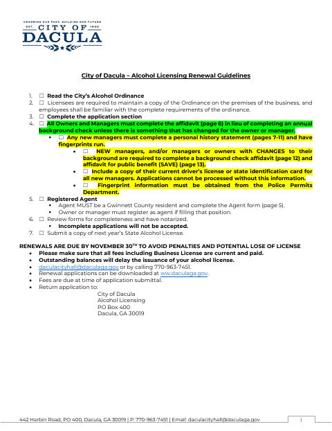 First page of the Alcohol Beverage License Renewal Application