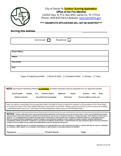 First page of the Outdoor Burning Application