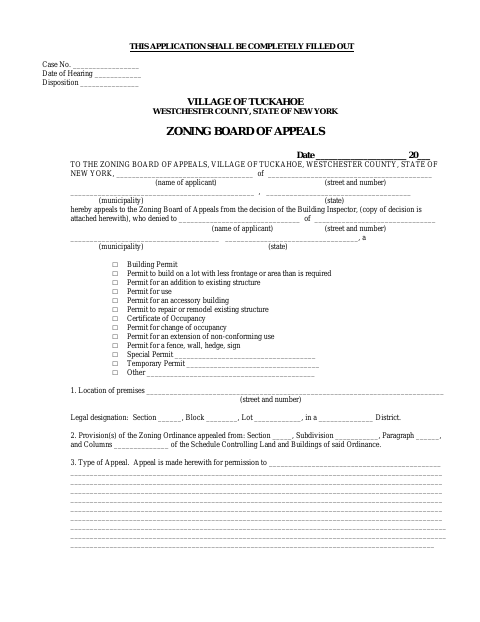 First page of the Zoning Board of Appeals Application