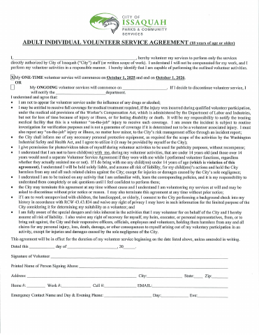 First page of the Adult Volunteer Agreement and Code of Conduct