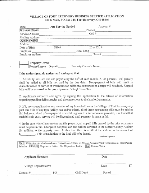 First page of the Business Service Application