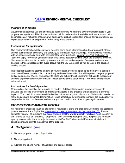 First page of the SEPA Environmental Checklist