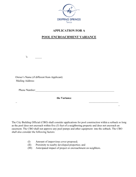 First page of the Swimming Pool Encroachment Variance Application