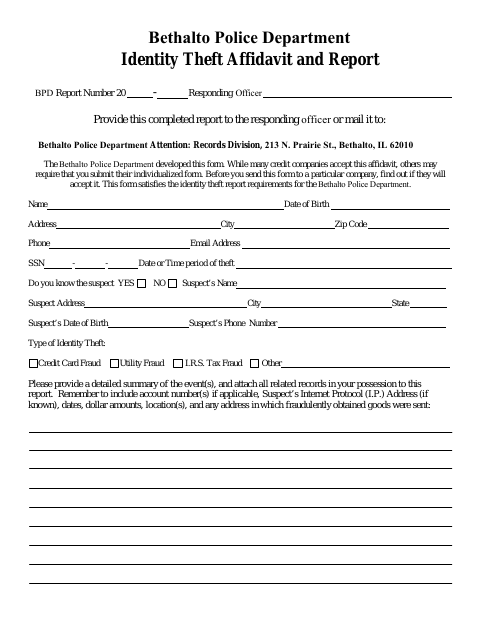First page of the Identity Theft Affidavit and Report