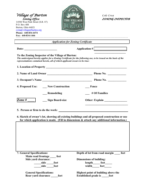 First page of the Application for Zoning Certificate