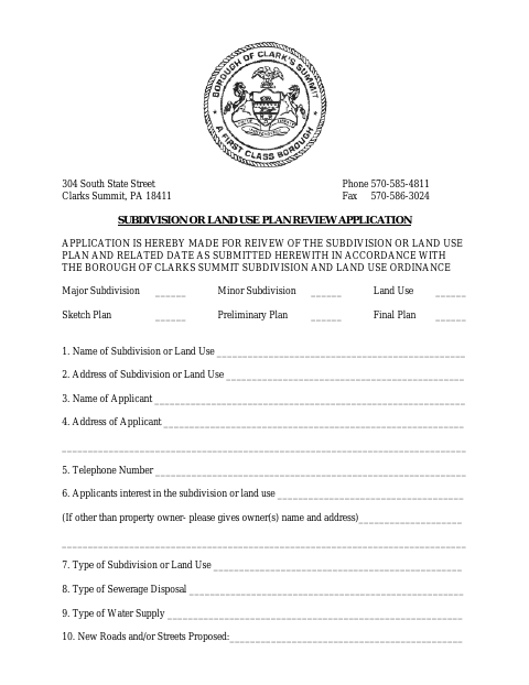 First page of the Subdivision Or Land Use Plan Review Application
