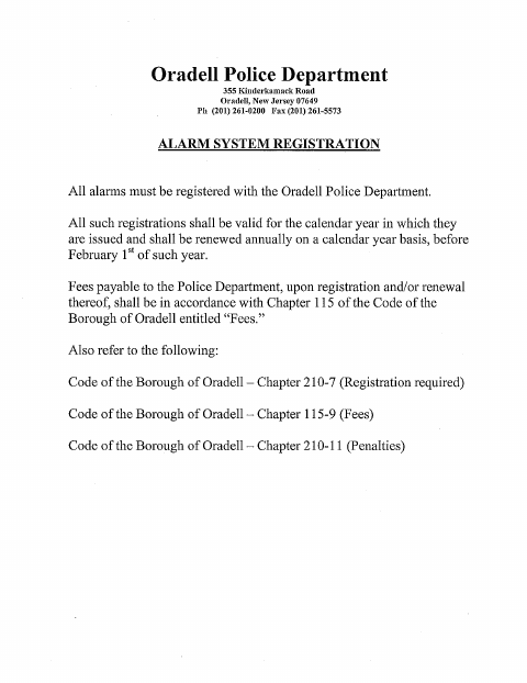 First page of the Alarm System Registration