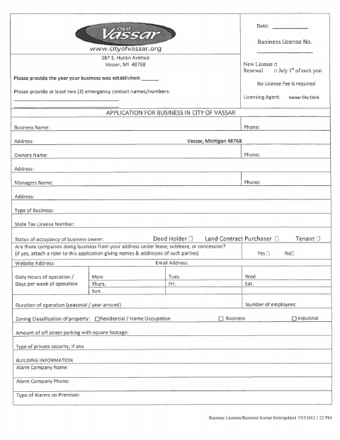 First page of the Business License Application