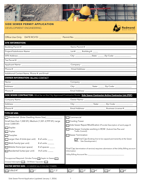 First page of the Side Sewer Permit Application