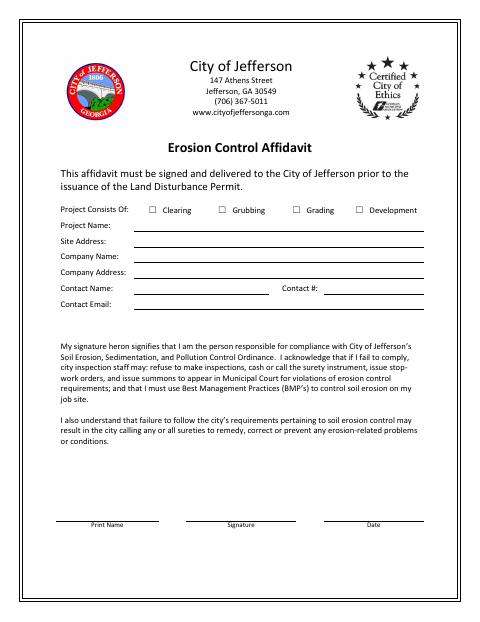 First page of the Erosion Control Affidavit