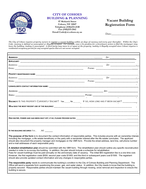 First page of the Vacant Building Registration Form