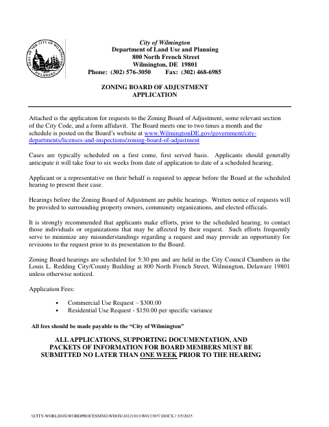 First page of the Zoning Board of Adjustment Application