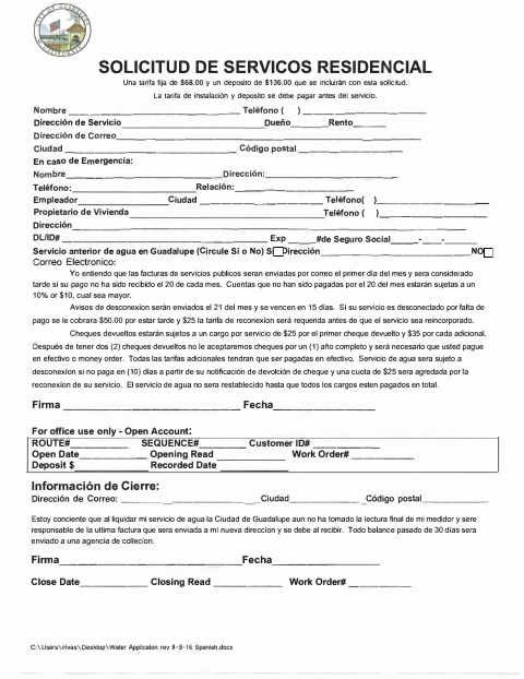 First page of the Residential Utility Service Application