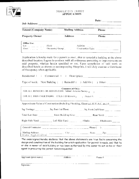 First page of the Demolition Permit Application