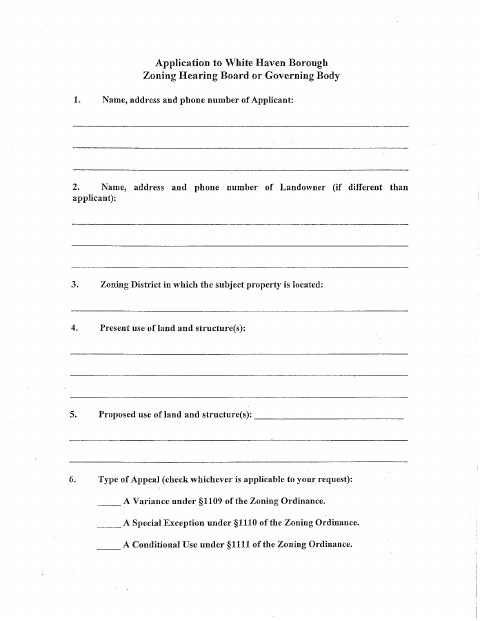 First page of the Application for Zoning Hearing