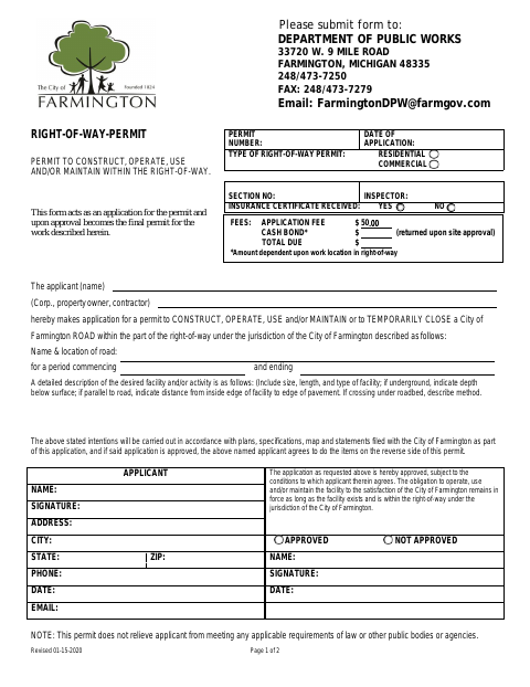 First page of the Right-of-Way Permit Application