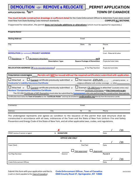 First page of the Demolition or Remove & Relocate Permit Application