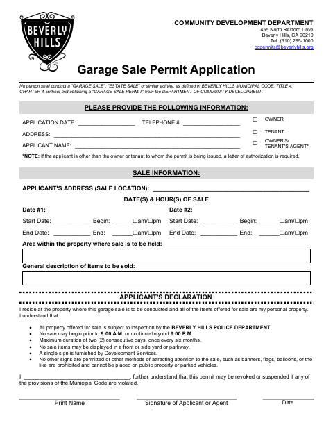 First page of the Garage Sale Permit Application