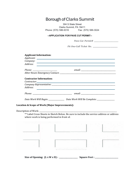 First page of the Application for Pave Cut Permit