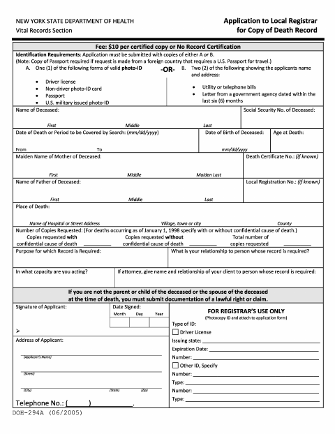 First page of the Application for Copy of Death Record