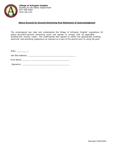 First page of the Above Ground/In-Ground Swimming Pool Statement of Acknowledgment